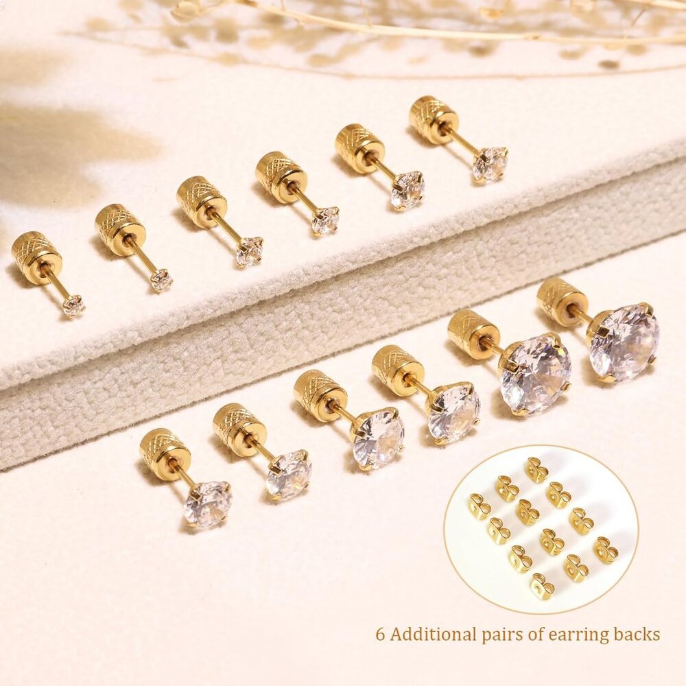 Threadless Flat Back Stud Earrings, 6 Pairs Titan… - image 4